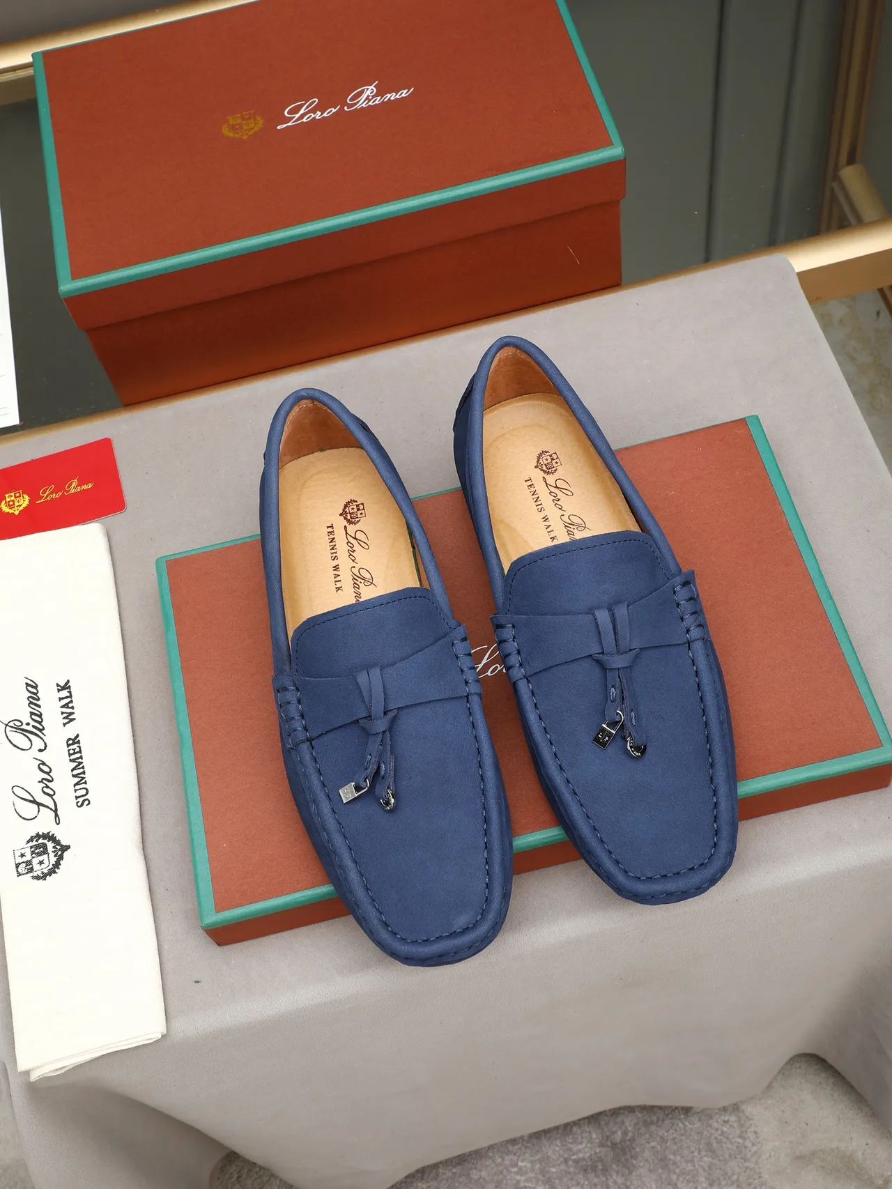 Loro Piana Caminhada de Verão Azul Marinho Mocassim de Camurça 2