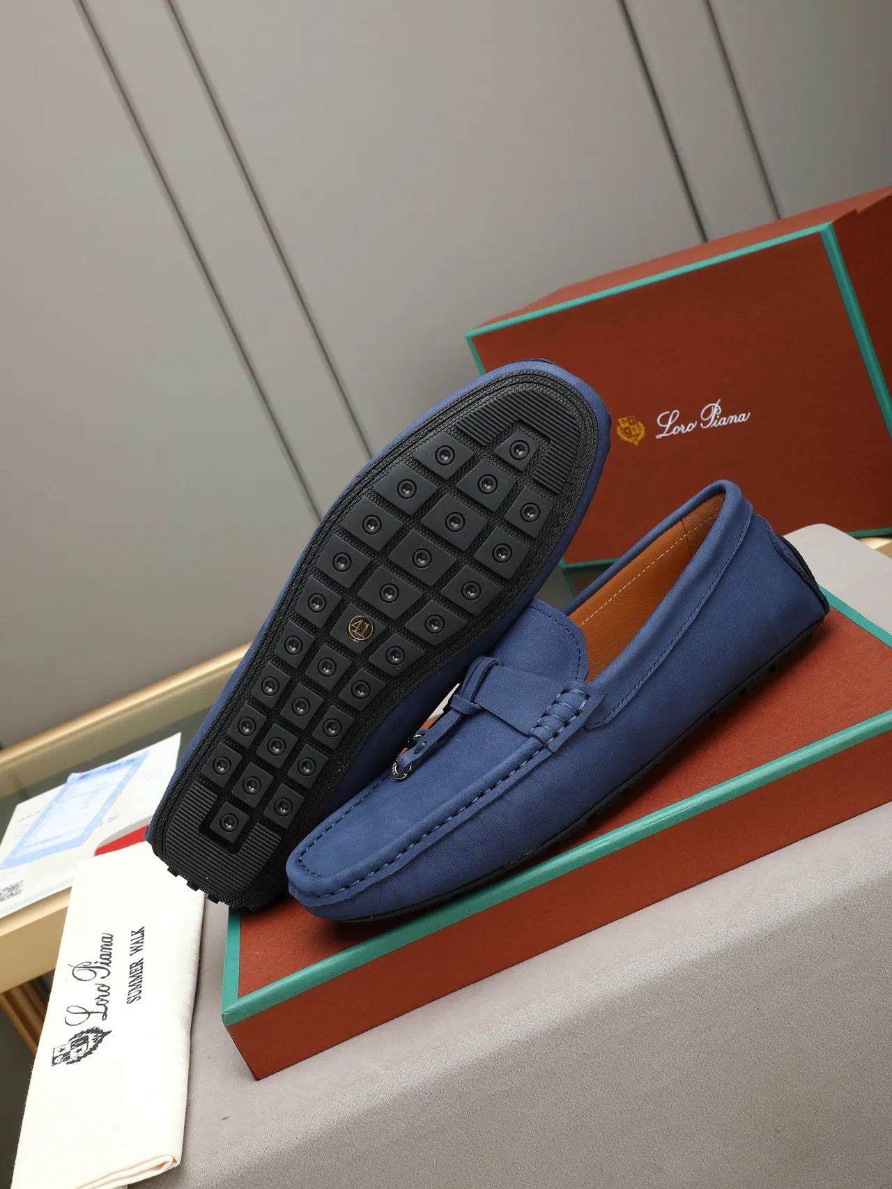 Loro Piana Caminhada de Verão Azul Marinho Mocassim de Camurça 4