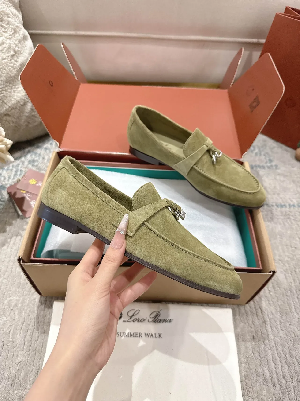 Loro Piana Summer Walk Olive Suede Tassel Loafers 3