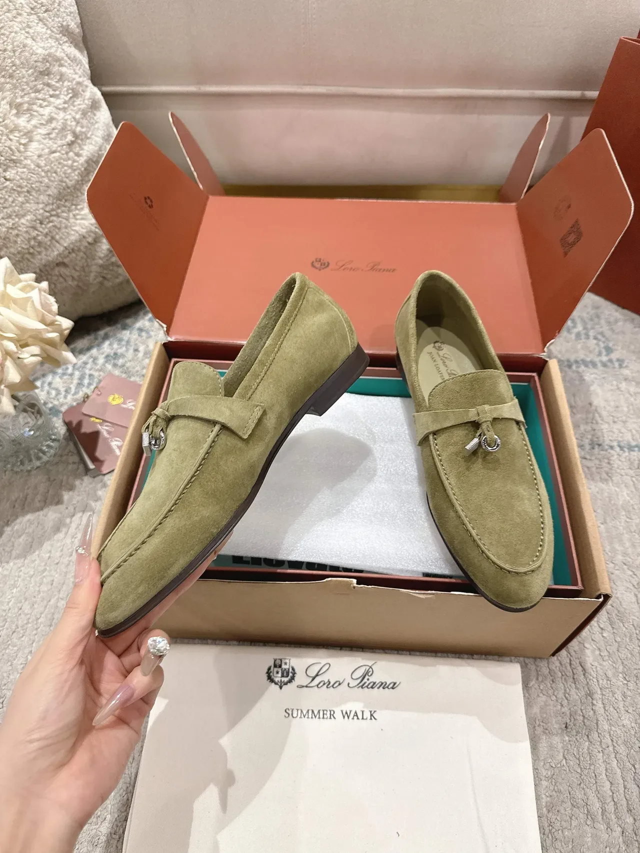 Loro Piana Summer Walk Olive Suede Tassel Loafers 5
