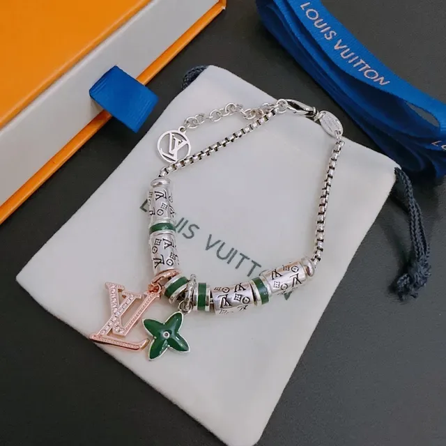 Louis Vuitton Beads Silver Green Chain-Link Beaded Bracelet 3