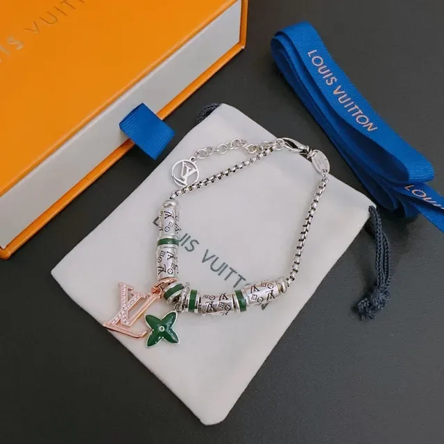 Louis Vuitton Beads Silver Green Chain-Link Beaded Bracelet 6