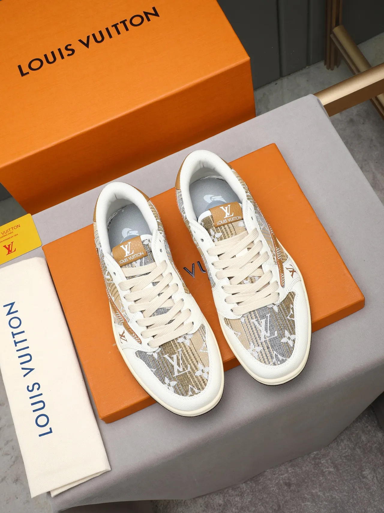 Louis Vuitton Beige Brown Monogram-Print Textile Upper Tan Leather Swoosh-Inspired Overlay Lifestyle Sneakers 2