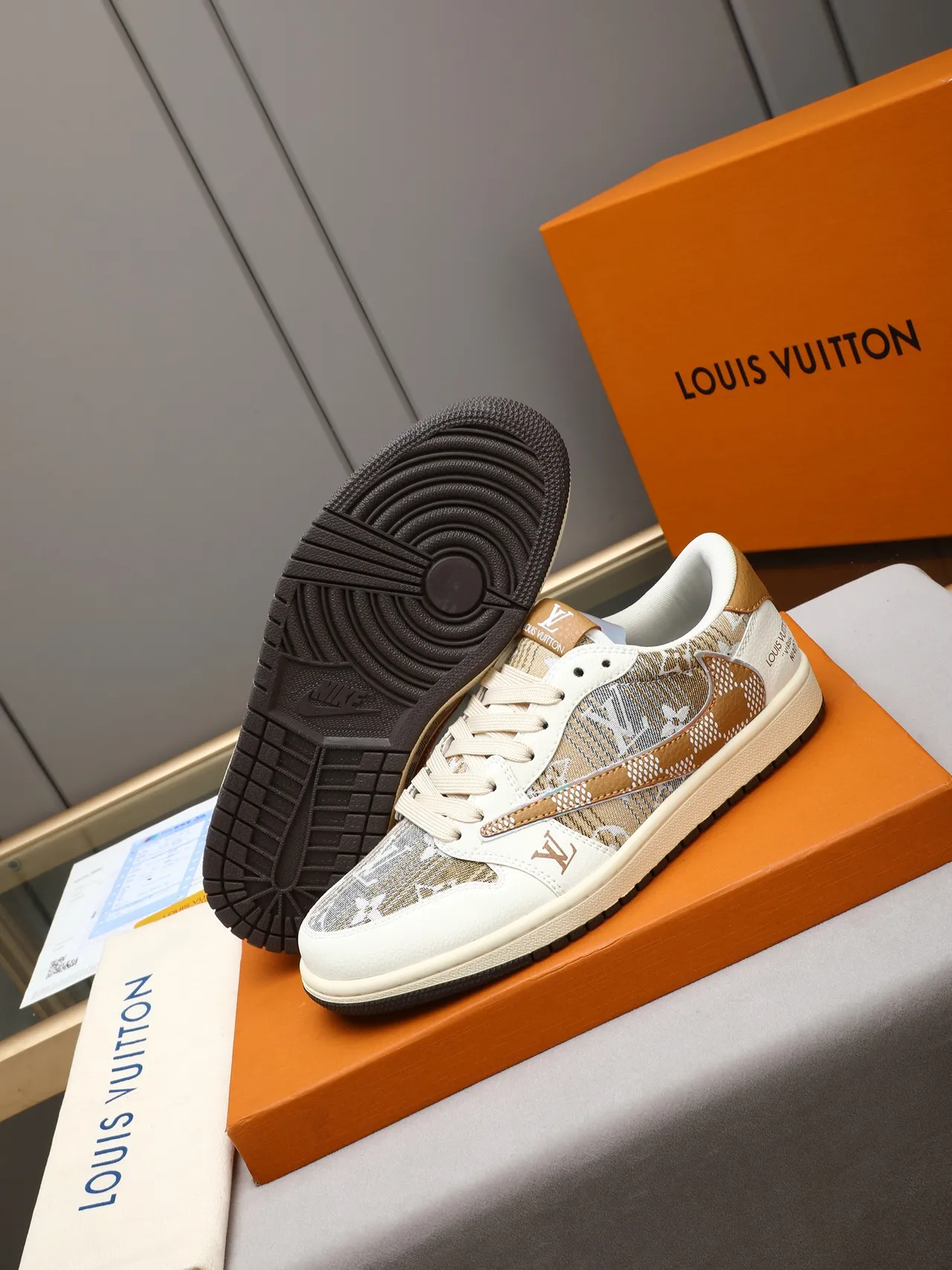 Louis Vuitton Beige Brown Monogram-Print Textile Upper Tan Leather Swoosh-Inspired Overlay Lifestyle Sneakers 4