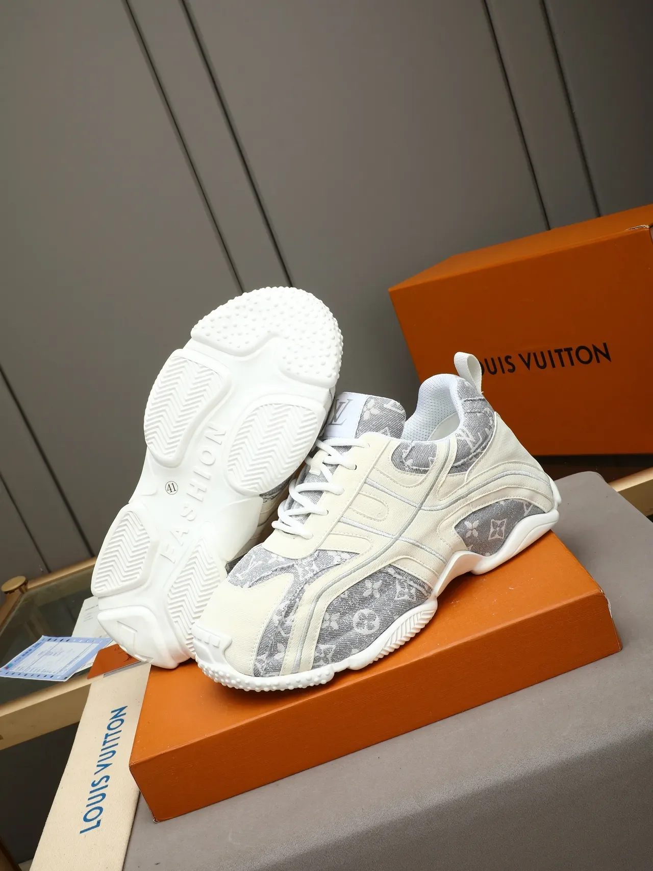 Louis Vuitton Beige Gray Monogrammed Canvas Layered Overlays Lifestyle Sneakers 4
