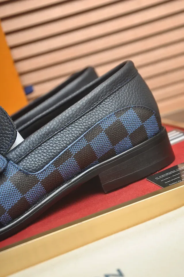 Louis Vuitton Black Blue Pebbled Leather Damier Check Strap Loafer 2