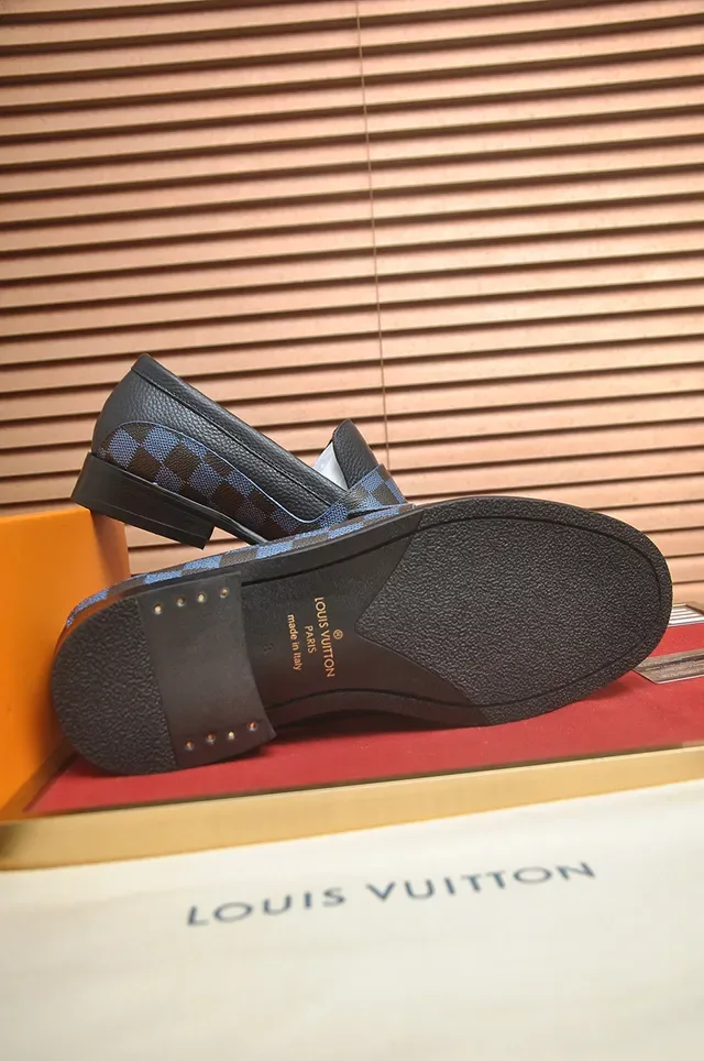 Louis Vuitton Black Blue Pebbled Leather Damier Check Strap Loafer 3