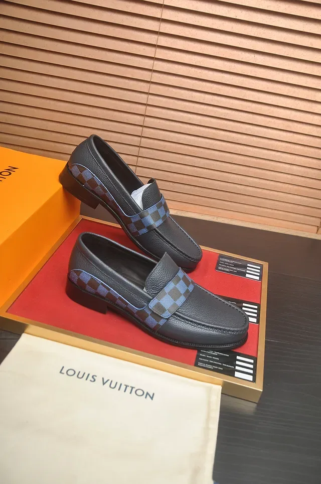 Louis Vuitton Black Blue Pebbled Leather Damier Check Strap Loafer 4