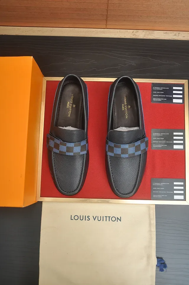 Louis Vuitton Black Blue Pebbled Leather Damier Check Strap Loafer 5