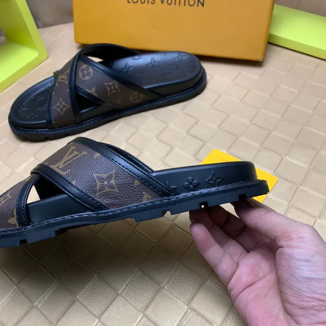 Louis Vuitton Black Brown Crossed Straps Monogram Canvas Slippers 4