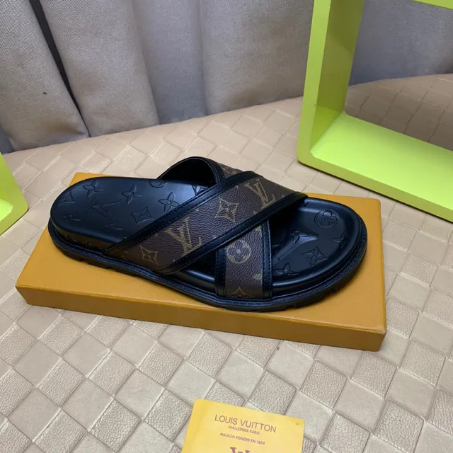 Louis Vuitton Black Brown Crossed Straps Monogram Canvas Slippers 5