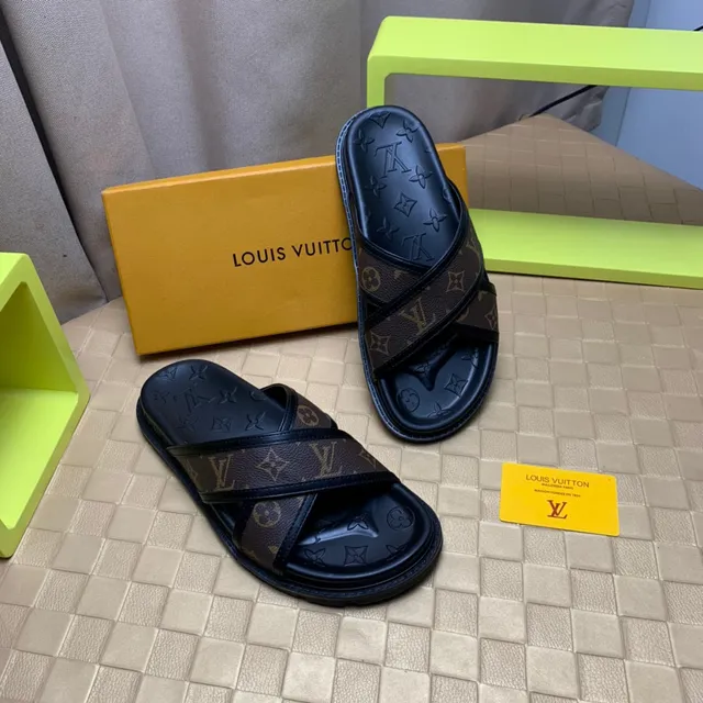Louis Vuitton Black Brown Crossed Straps Monogram Canvas Slippers 6