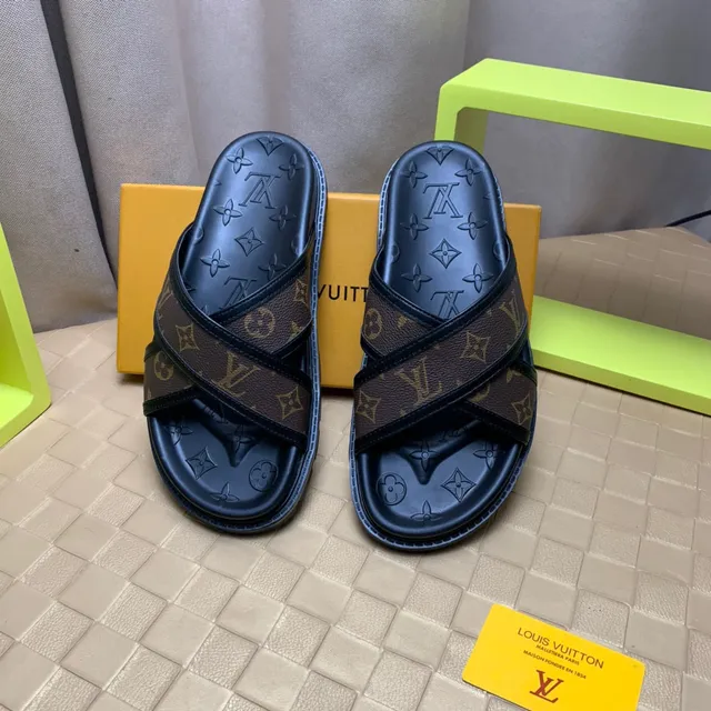 Louis Vuitton Black Brown Crossed Straps Monogram Canvas Slippers 8