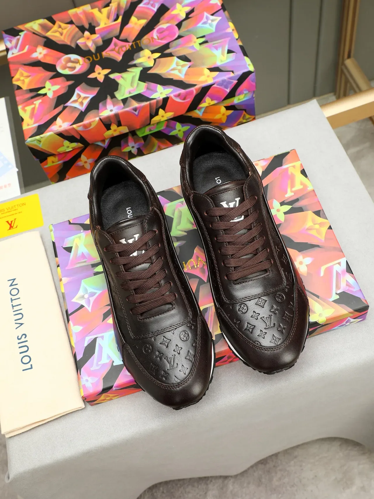 Louis Vuitton Black Brown Monogram-Embossed Leather Reflective Heel Window Lifestyle Sneakers 2