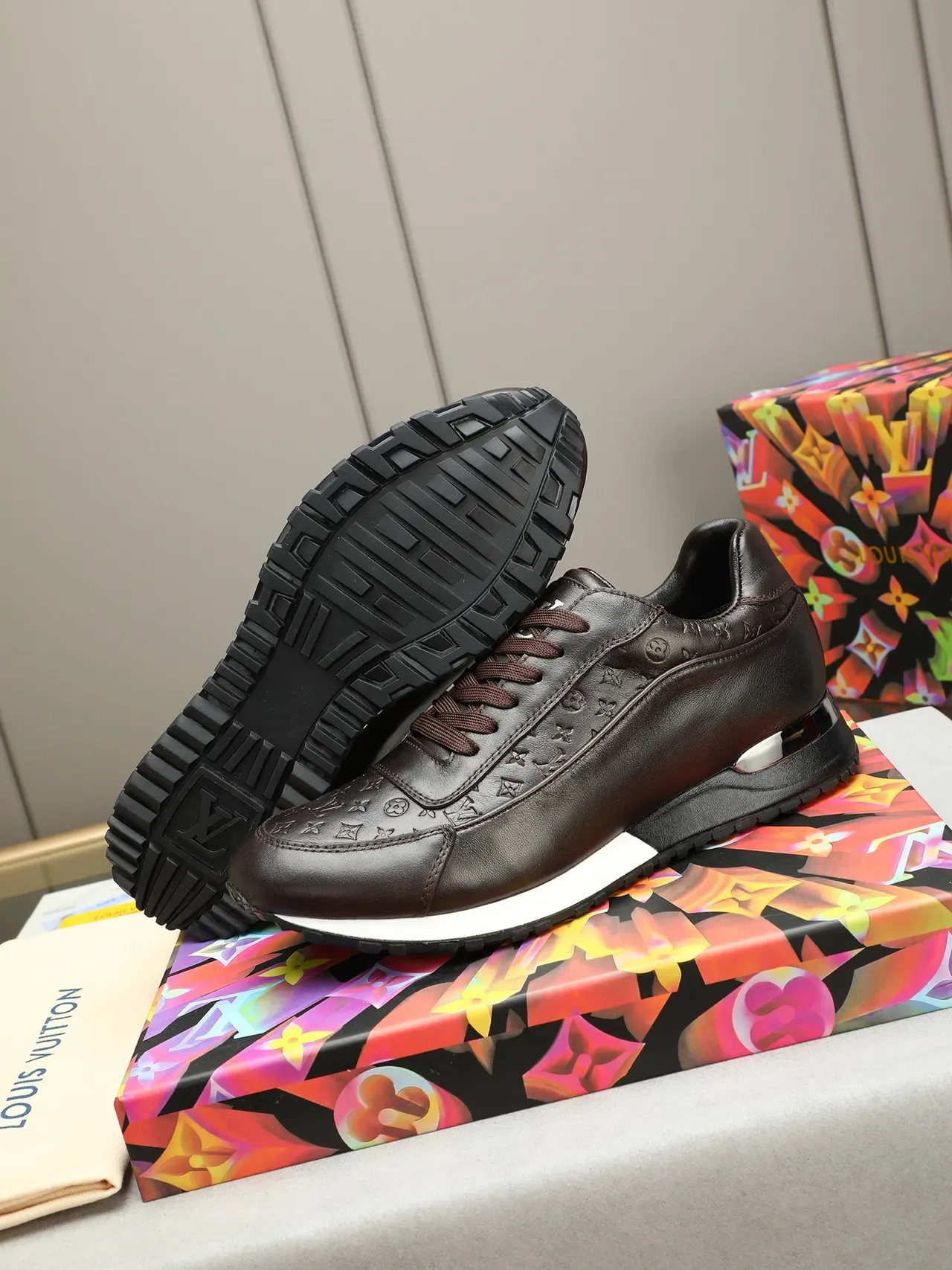 Louis Vuitton Black Brown Monogram-Embossed Leather Reflective Heel Window Lifestyle Sneakers 4
