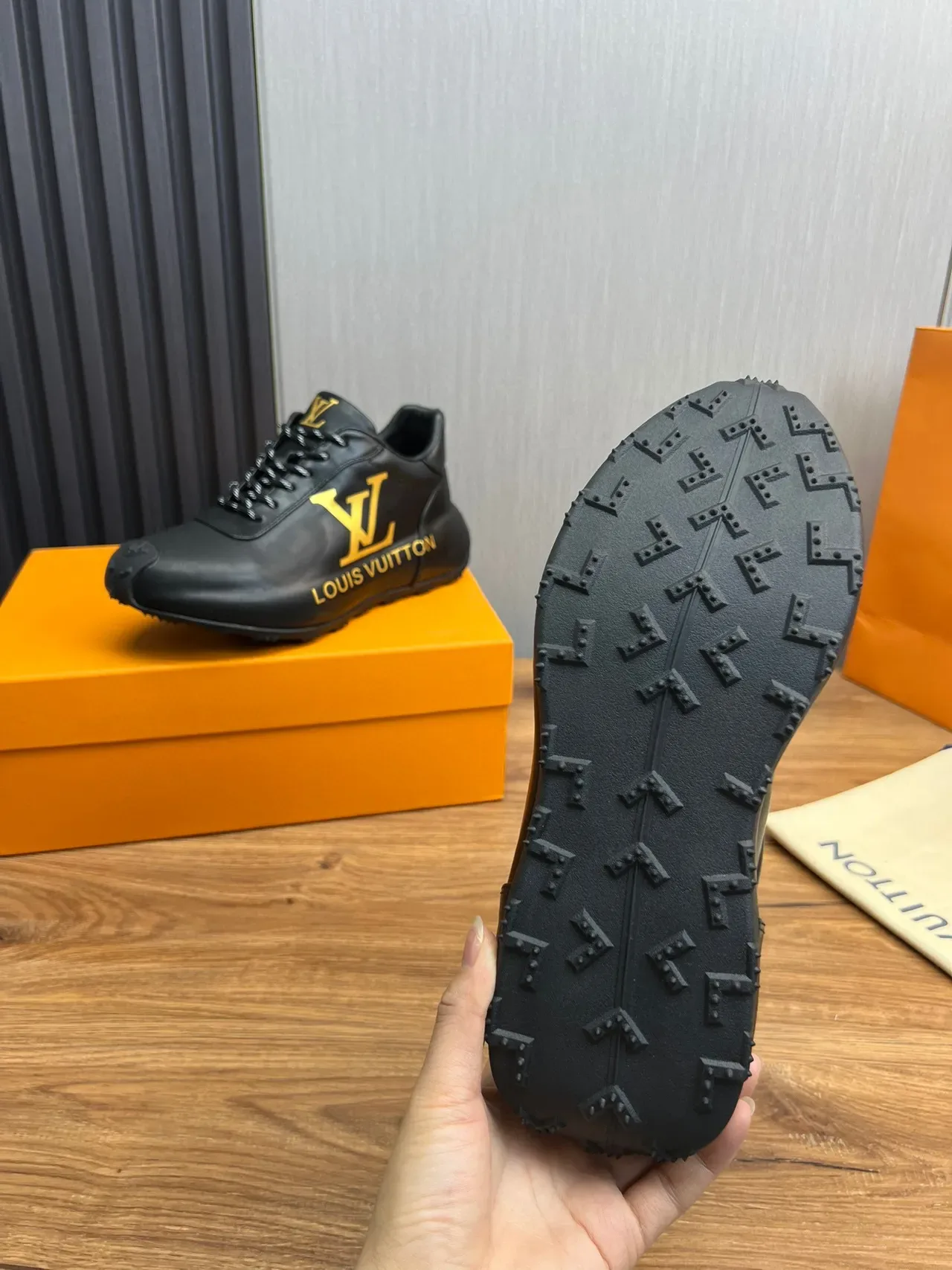 Louis Vuitton Black Gold Leather Upper Monogram Branding Lifestyle Sneakers 2