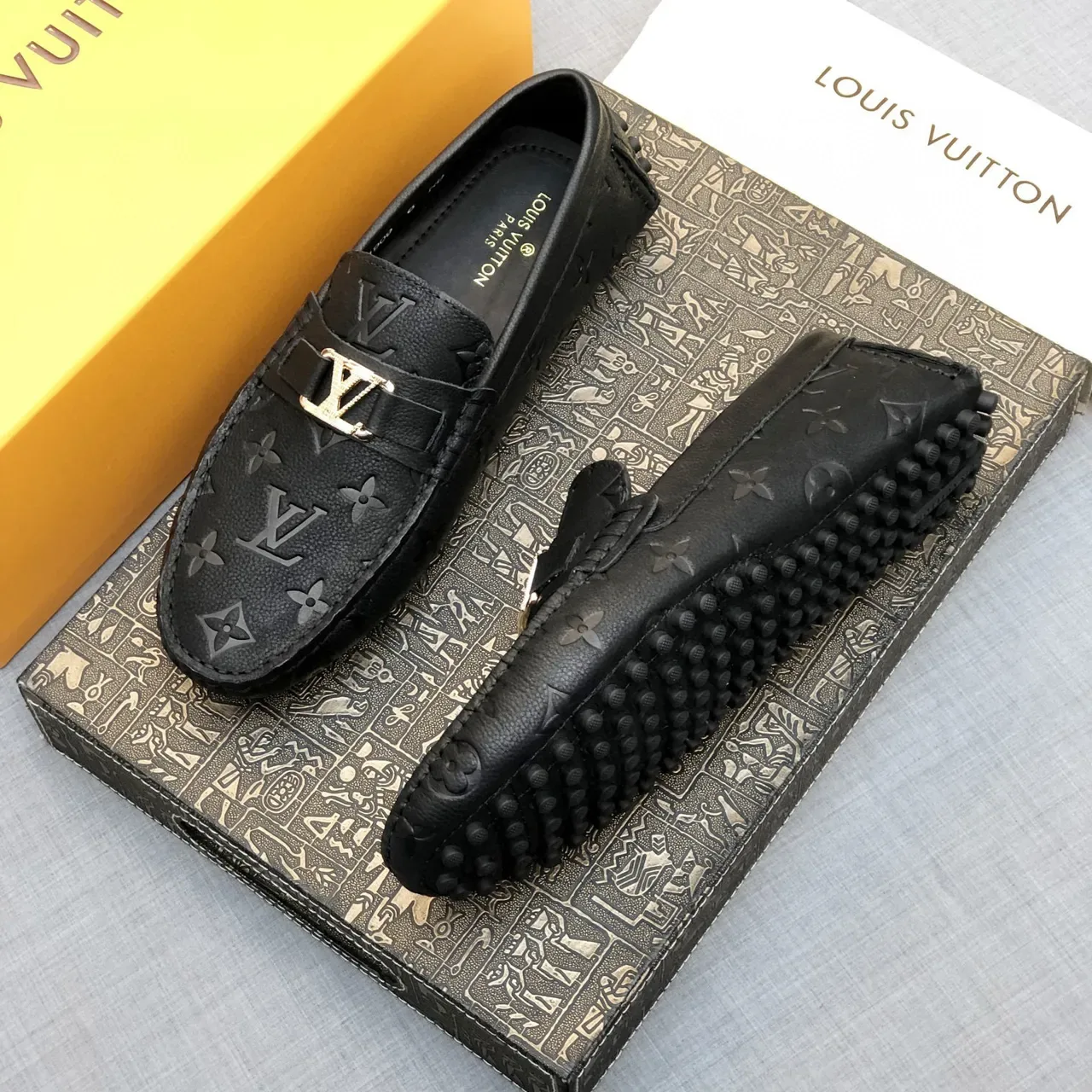 Louis Vuitton Black Gold Monogram-Embossed Leather Buckle Strap Loafer 3
