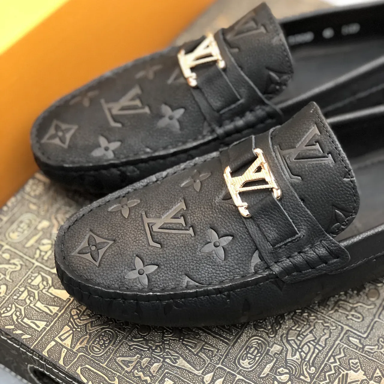 Louis Vuitton Black Gold Monogram-Embossed Leather Buckle Strap Loafer 5