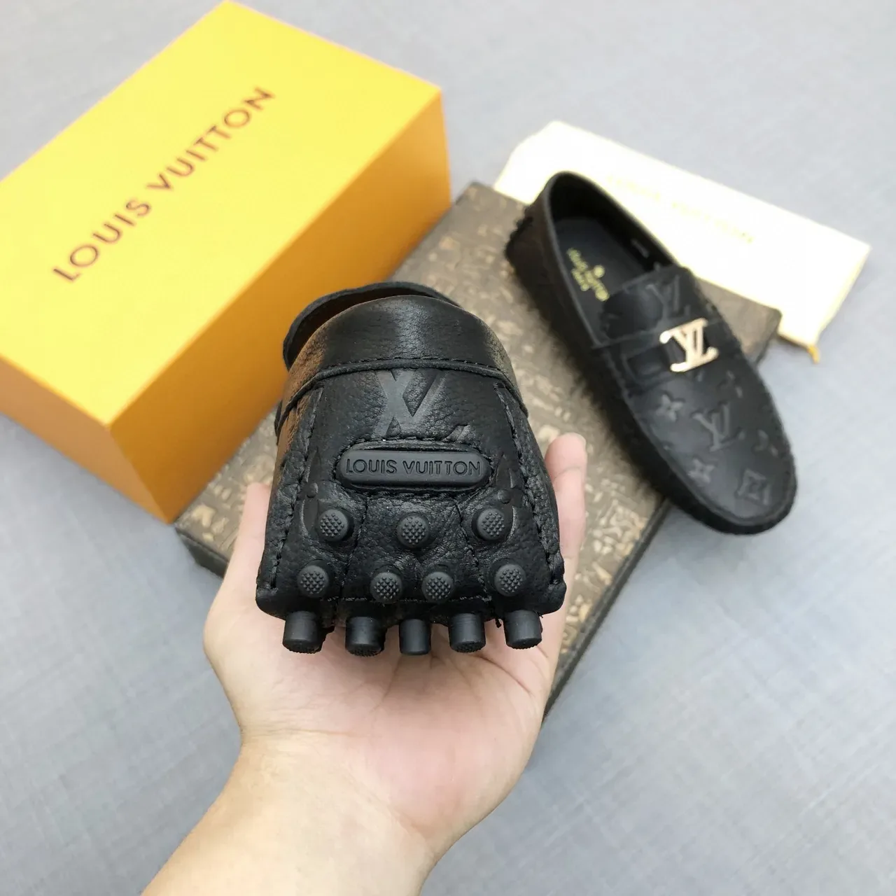 Louis Vuitton Black Gold Monogram-Embossed Leather Buckle Strap Loafer 6