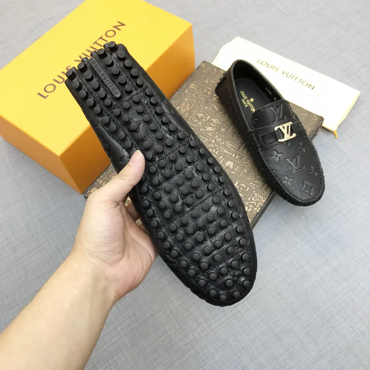 Louis Vuitton Black Gold Monogram-Embossed Leather Buckle Strap Loafer 7