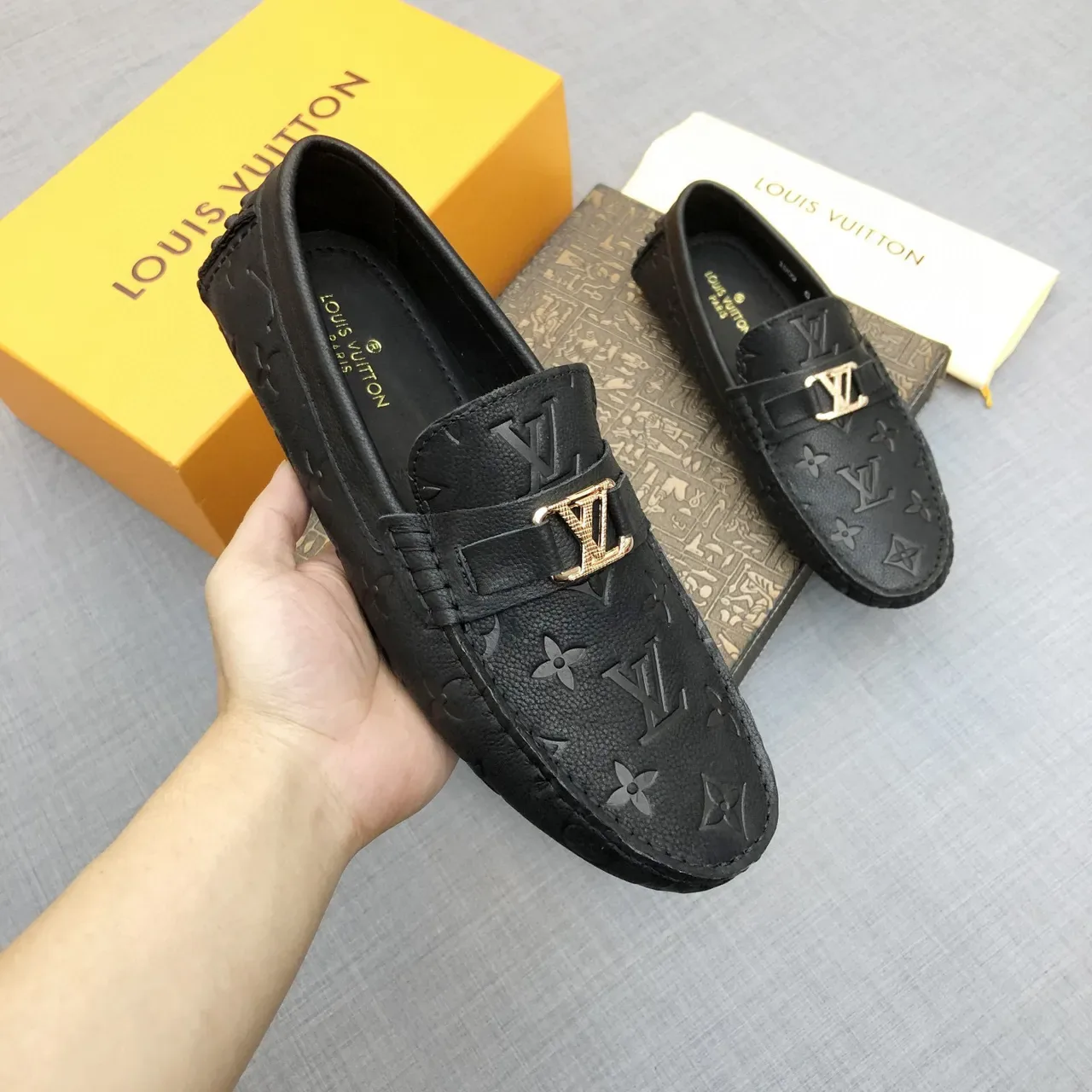 Louis Vuitton Black Gold Monogram-Embossed Leather Buckle Strap Loafer 8