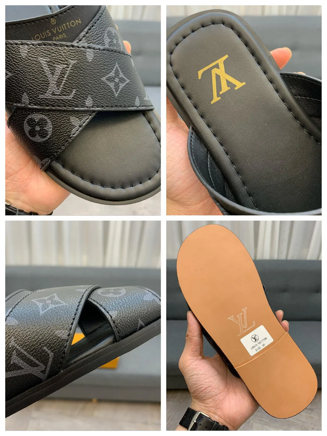 Louis Vuitton Black Gold Monogram-Printed Strap Logo Insole Slippers 2