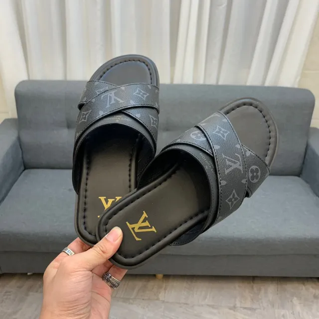 Louis Vuitton Black Gold Monogram-Printed Strap Logo Insole Slippers 3