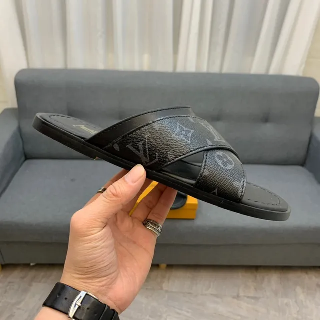 Louis Vuitton Black Gold Monogram-Printed Strap Logo Insole Slippers 5