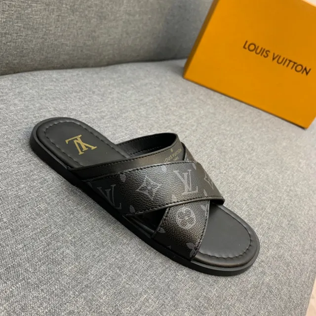 Louis Vuitton Black Gold Monogram-Printed Strap Logo Insole Slippers 7