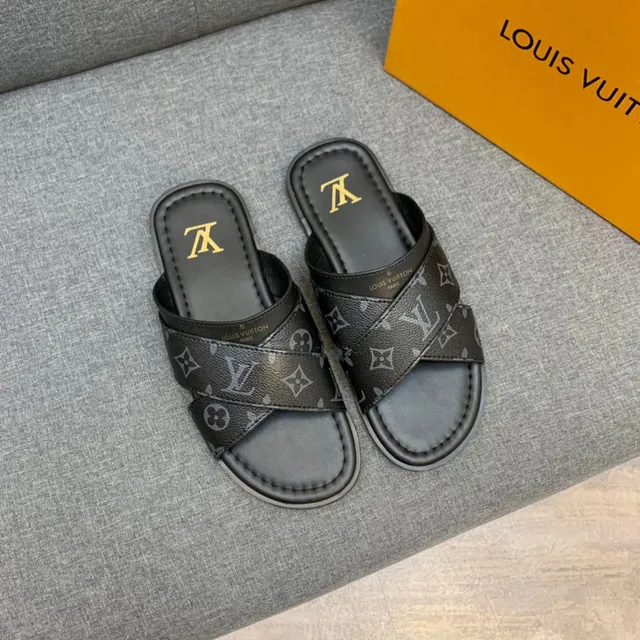 Louis Vuitton Black Gold Monogram-Printed Strap Logo Insole Slippers 8