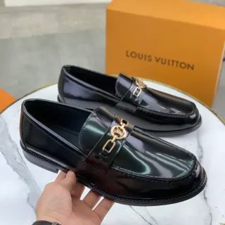 Louis Vuitton Black Gold Patent Leather Metal LV Buckle Strap Loafer