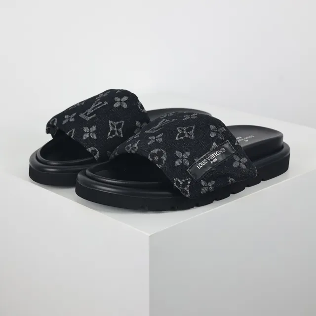 Louis Vuitton Black Gray Monogrammed Fabric Strap Thick Platform Sole Slippers 2