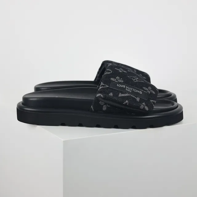 Louis Vuitton Black Gray Monogrammed Fabric Strap Thick Platform Sole Slippers 3