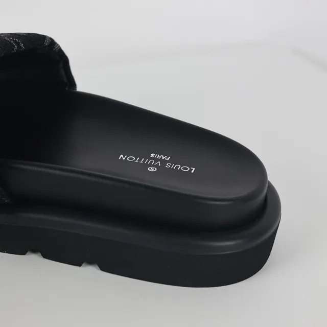 Louis Vuitton Black Gray Monogrammed Fabric Strap Thick Platform Sole Slippers 4