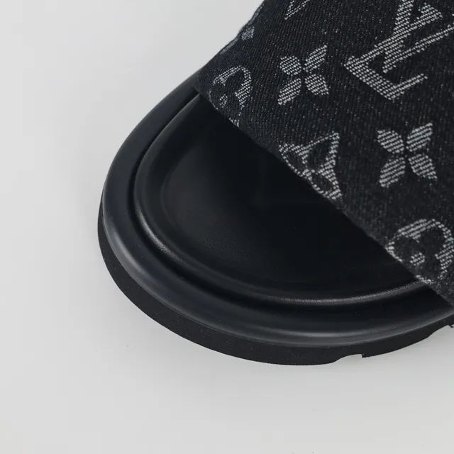 Louis Vuitton Black Gray Monogrammed Fabric Strap Thick Platform Sole Slippers 5