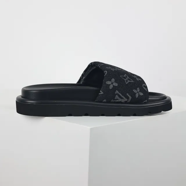Louis Vuitton Black Gray Monogrammed Fabric Strap Thick Platform Sole Slippers 7