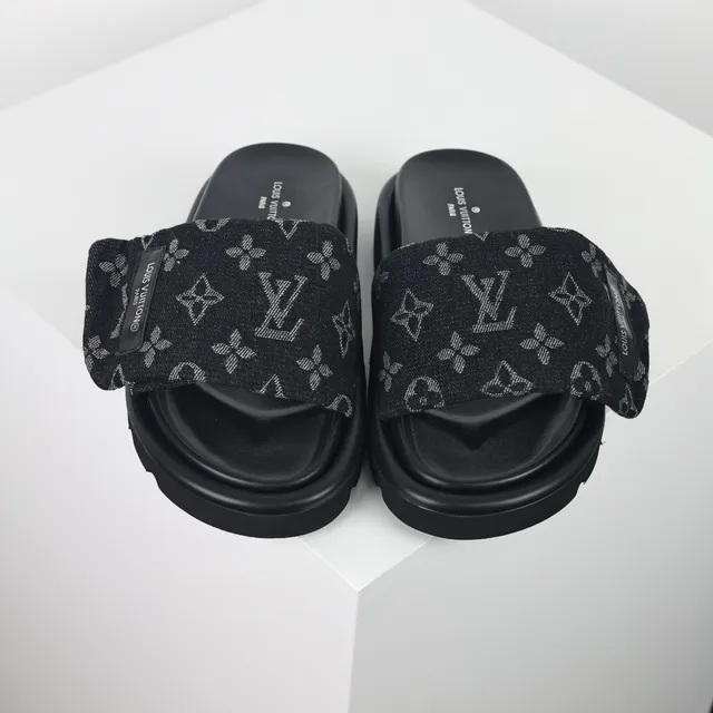 Louis Vuitton Black Gray Monogrammed Fabric Strap Thick Platform Sole Slippers 8