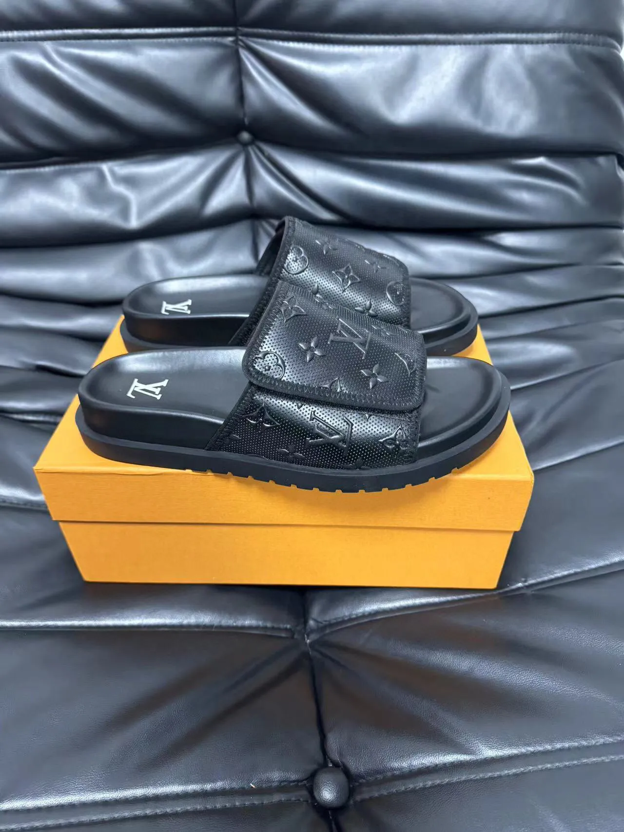Louis Vuitton Black Monogram-Perforated Strap Platform Sole Slippers 4