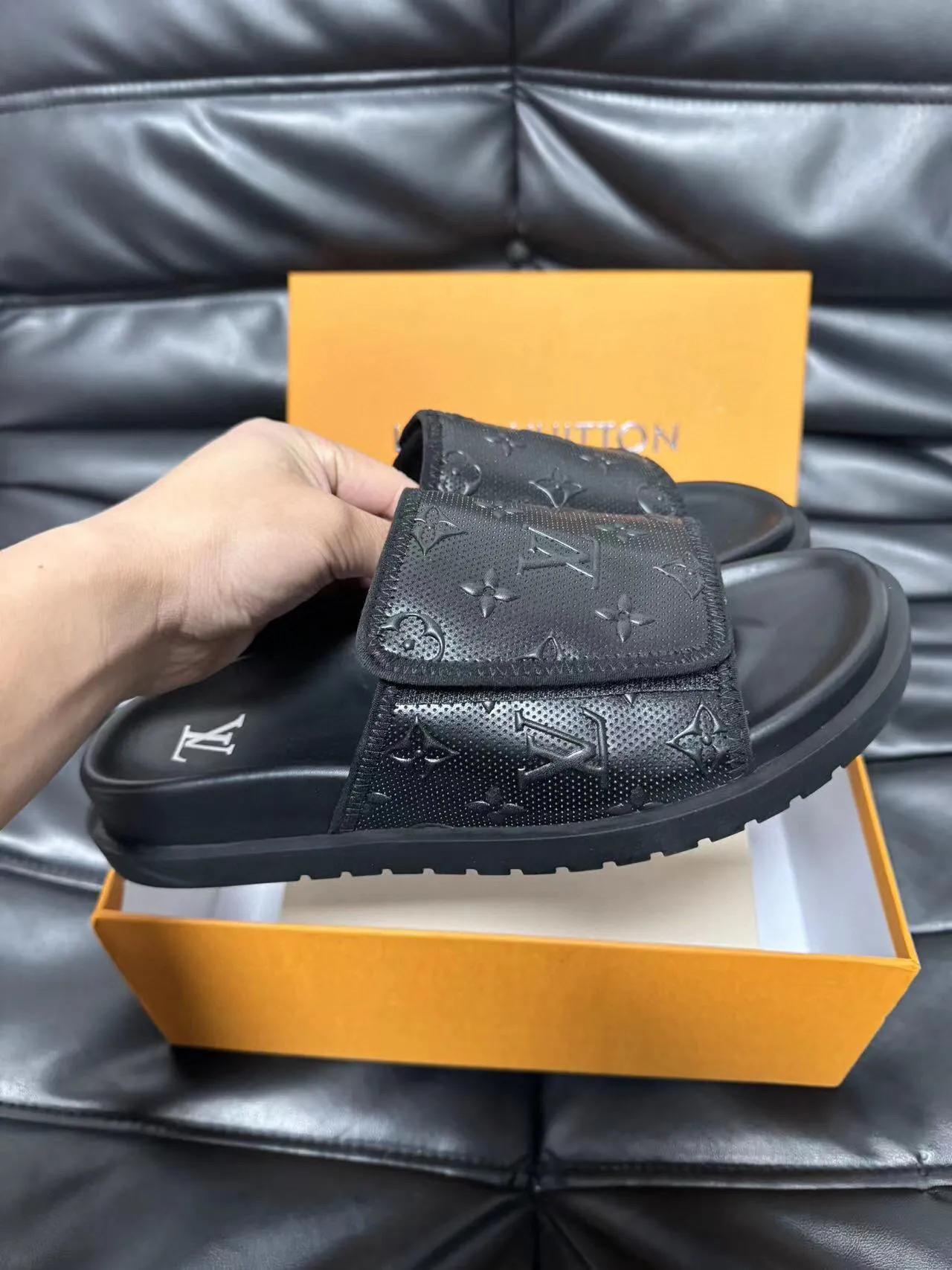 Louis Vuitton Black Monogram-Perforated Strap Platform Sole Slippers 6