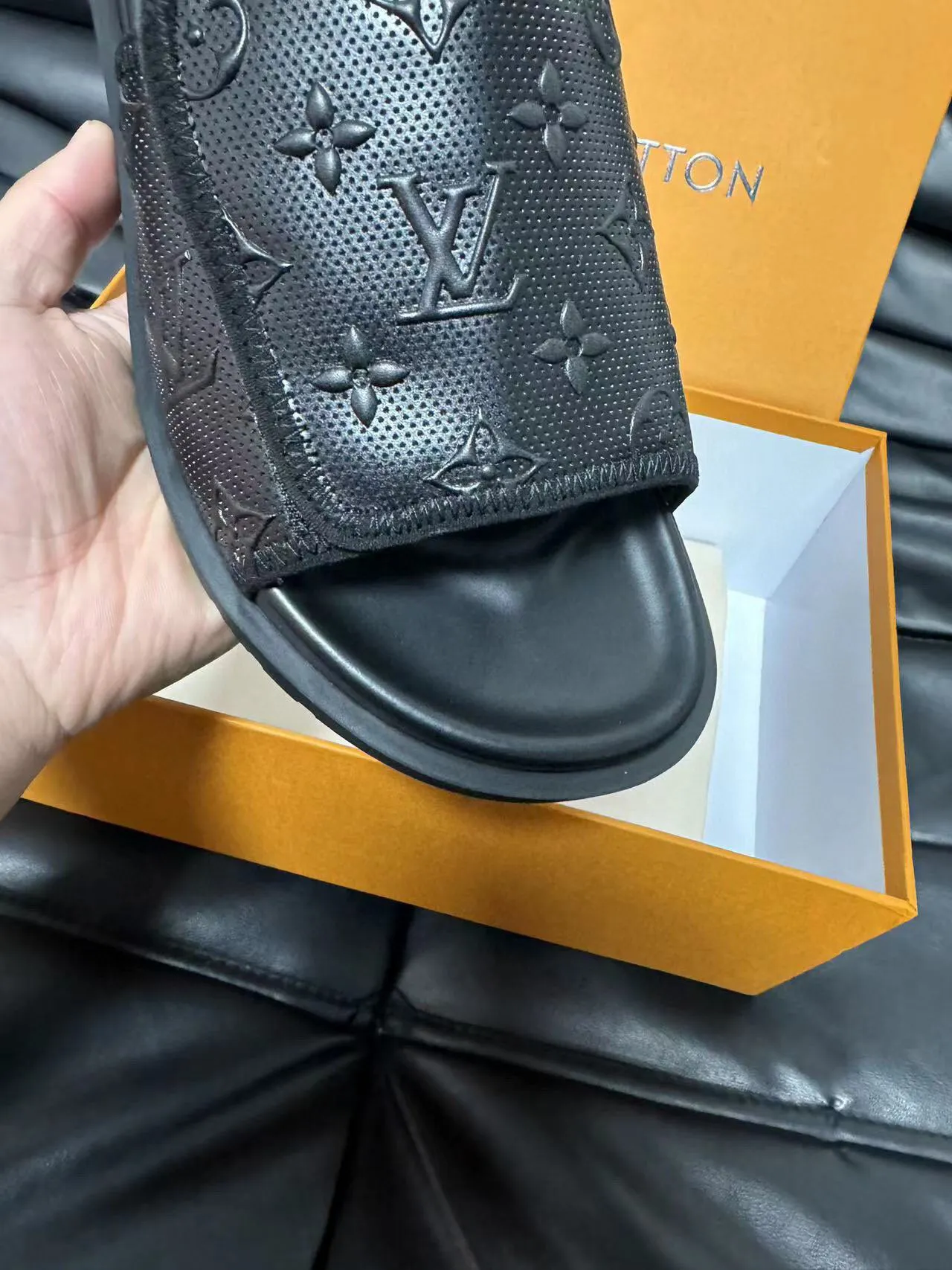 Louis Vuitton Black Monogram-Perforated Strap Platform Sole Slippers 7