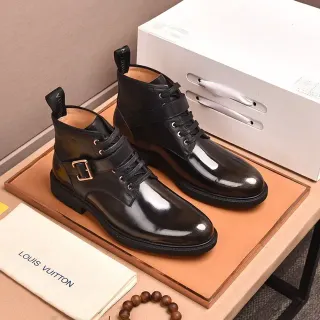 Louis Vuitton Black Patent Leather Buckle Strap Ankle Boots