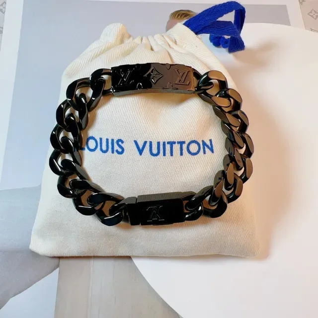 Louis Vuitton Black Silver Chunky Curb-Link Metal Bracelet 5