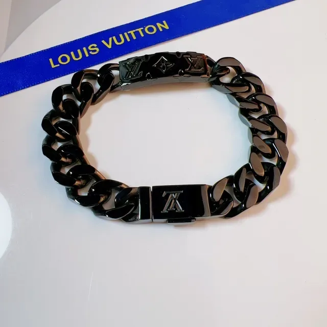 Louis Vuitton Black Silver Chunky Curb-Link Metal Bracelet 6