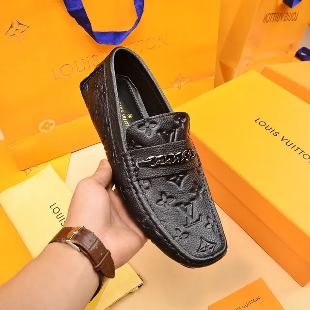 Louis Vuitton Black Silver Embossed Monogram Leather Chain Accent Loafer 6