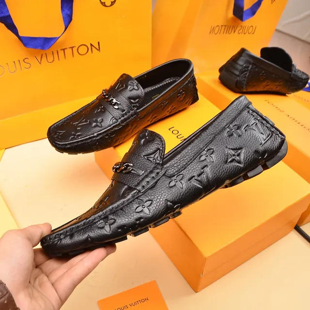 Louis Vuitton Black Silver Embossed Monogram Leather Chain Accent Loafer 7