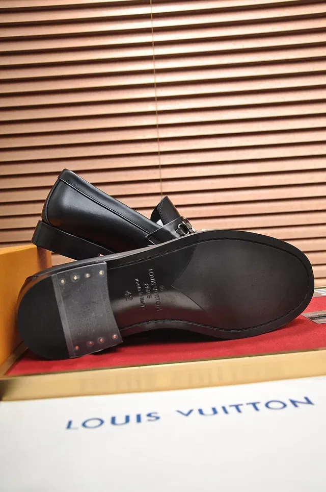 Louis Vuitton Black Silver Leather Metal LV Buckle Strap Loafer 4