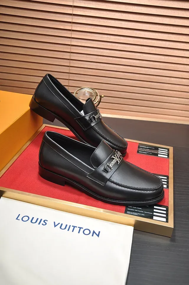 Louis Vuitton Black Silver Leather Metal LV Buckle Strap Loafer 5