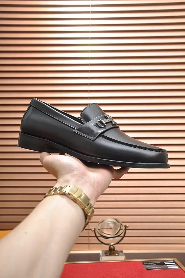 Louis Vuitton Black Silver Leather Metal LV Buckle Strap Loafer 7