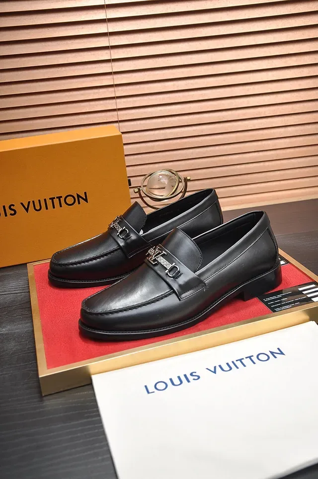 Louis Vuitton Black Silver Leather Metal LV Buckle Strap Loafer 8
