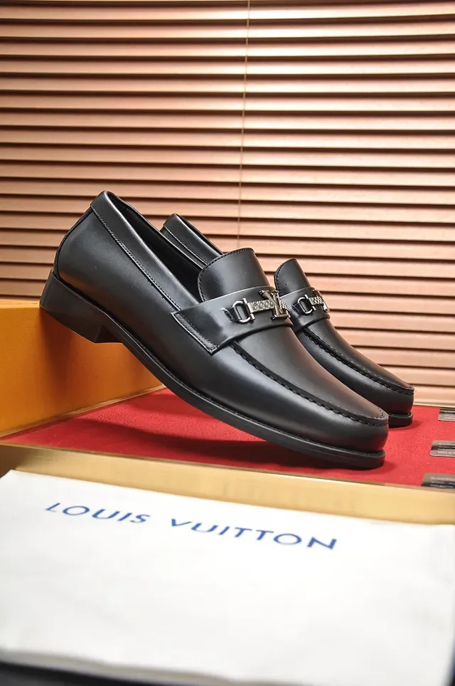Louis Vuitton Black Silver Leather Metal LV Buckle Strap Loafer 9
